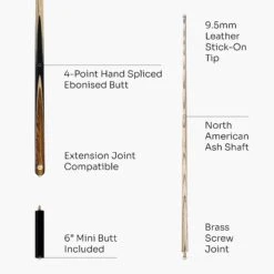 Baize Master Baize Master Kingswood PREMIUM 57 Inch 2 Piece Centre Joint Matching Ash Hand Spliced Snooker Pool Cue With Mini Butt 9.5mm Tip -Slok Billiards Equipment Store 4v3