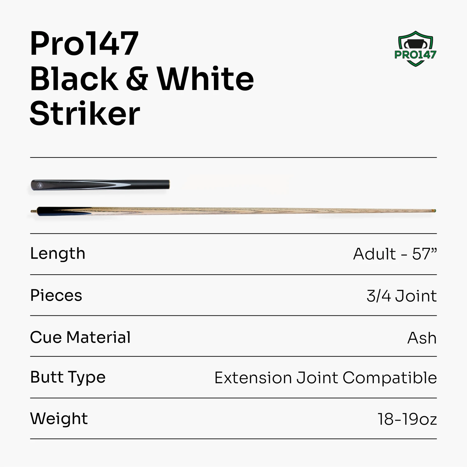 PRO147 PRO147 Black & White STRIKER 57 Inch 3/4 Snooker Pool Cue With 9.5mm Tip - Mini Butt Included 9 PRO147 PRO147 Black & White STRIKER 57 Inch 3/4 Snooker Pool Cue With 9.5mm Tip - Mini Butt Included - Image 7