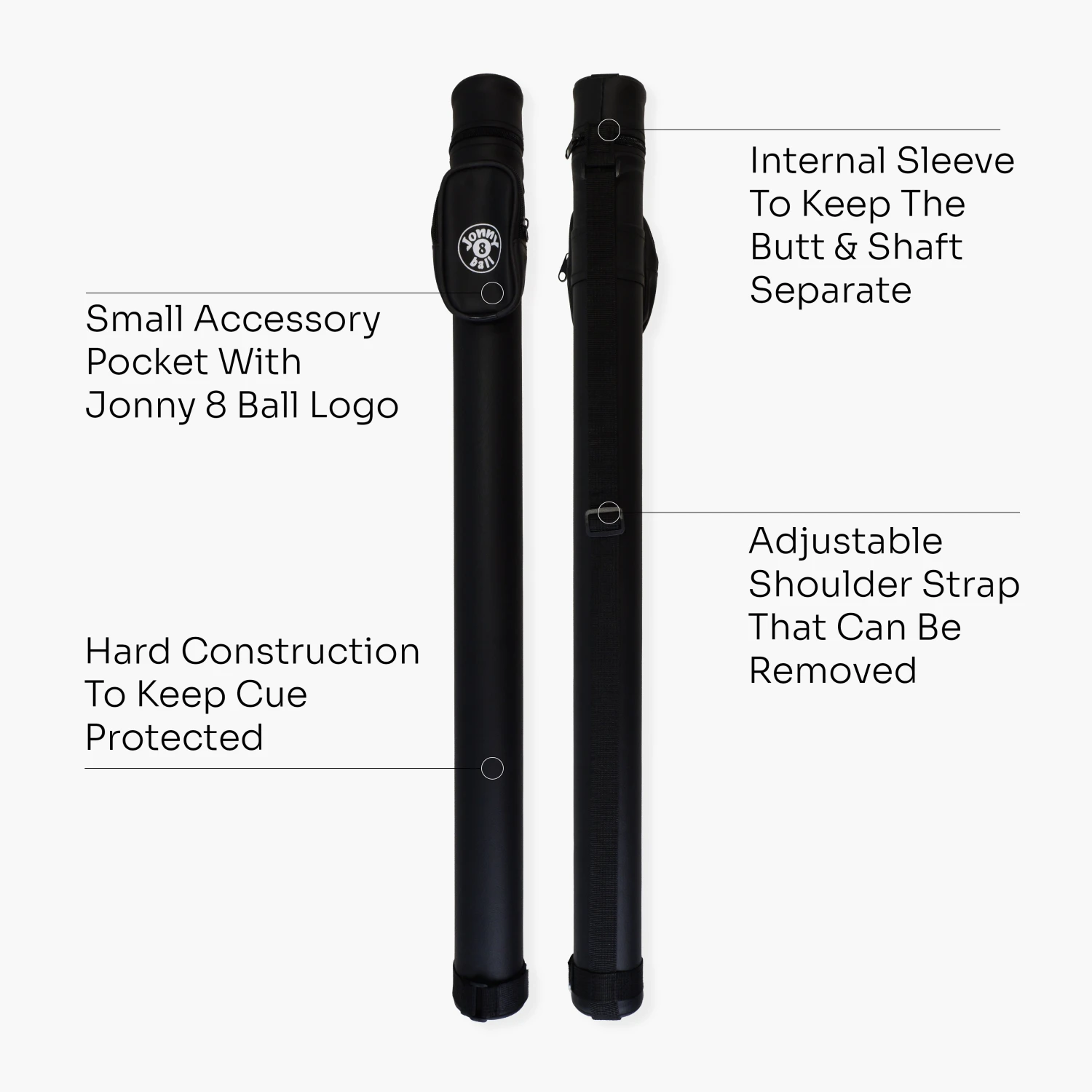 Jonny 8 Ball Jonny 8 Ball Black Tubular Cue Case + Shoulder Strap - Holds 2pc Snooker Or Pool Cue 9 Jonny 8 Ball Jonny 8 Ball Black Tubular Cue Case + Shoulder Strap - Holds 2pc Snooker Or Pool Cue - Image 7