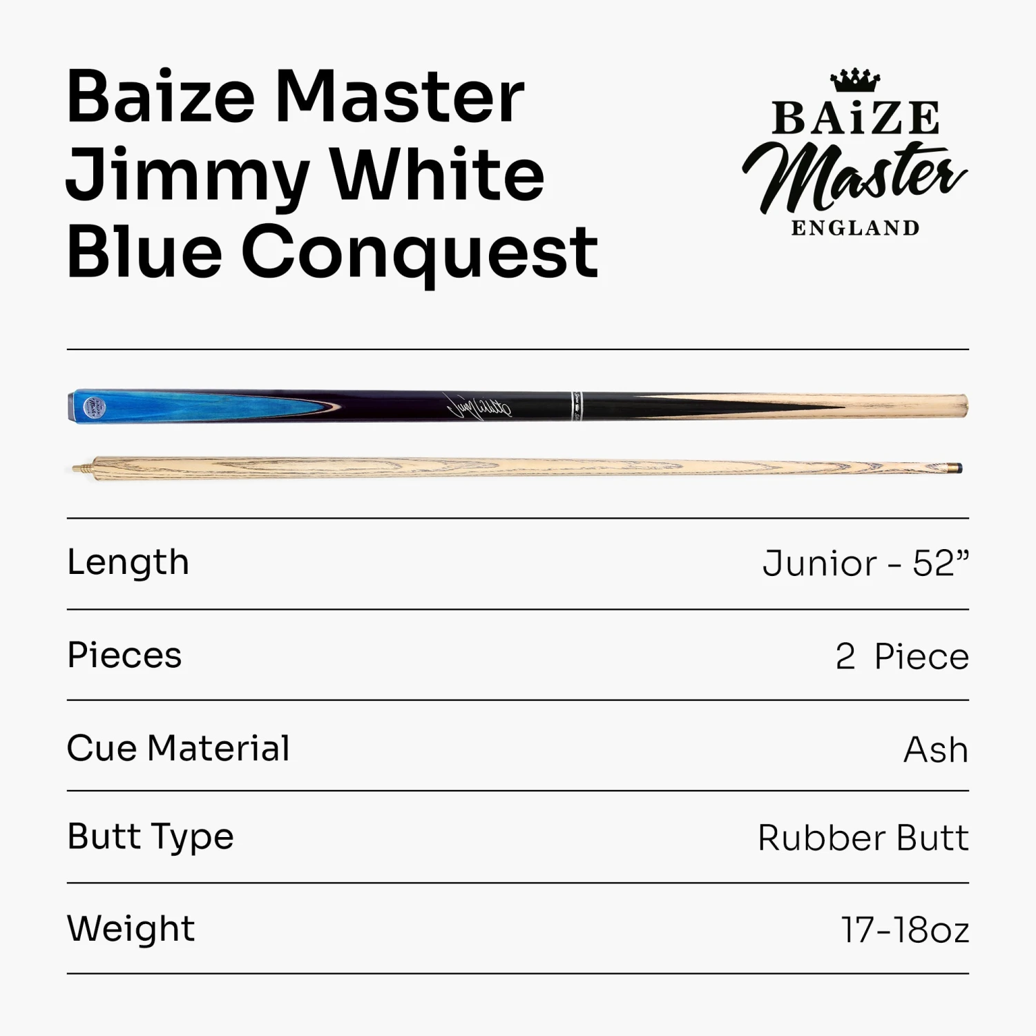 Baize Master Baize Master JIMMY WHITE Signature CONQUEST 52 Inch 2 Piece Kids Snooker Pool Cue 9.5mm Tip 9 Baize Master Baize Master JIMMY WHITE Signature CONQUEST 52 Inch 2 Piece Kids Snooker Pool Cue 9.5mm Tip - Image 7