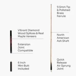 Baize Master Baize Master 3/4 CRUCIBLE Hand Spliced 57 Inch Ash Snooker Pool Cue With 9.5mm Tip + Mini Butt Extension -Slok Billiards Equipment Store Brown53Q