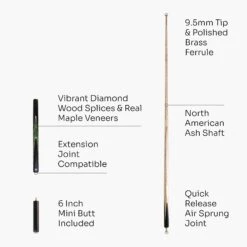 Baize Master Baize Master 3/4 CRUCIBLE Hand Spliced 57 Inch Ash Snooker Pool Cue With 9.5mm Tip + Mini Butt Extension -Slok Billiards Equipment Store Green53Q