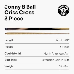 Jonny 8 Ball Jonny 8 Ball 57 Inch 3 Piece Length Adjustable Snooker Pool Cue 9mm Tip - Shorten To 44" -Slok Billiards Equipment Store J8B CRISS CROSS 7