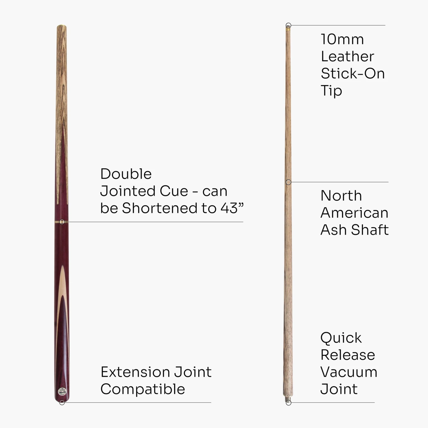 Baize Master Baize Master PURPLE HEART 57 Inch 3 Piece Length Adjustable Double Joint Ash Snooker Pool Cue With 9.5mm Tip + Mini Butt - Shorten To 43 Inches 6 Baize Master Baize Master PURPLE HEART 57 Inch 3 Piece Length Adjustable Double Joint Ash Snooker Pool Cue With 9.5mm Tip + Mini Butt - Shorten To 43 Inches - Image 4