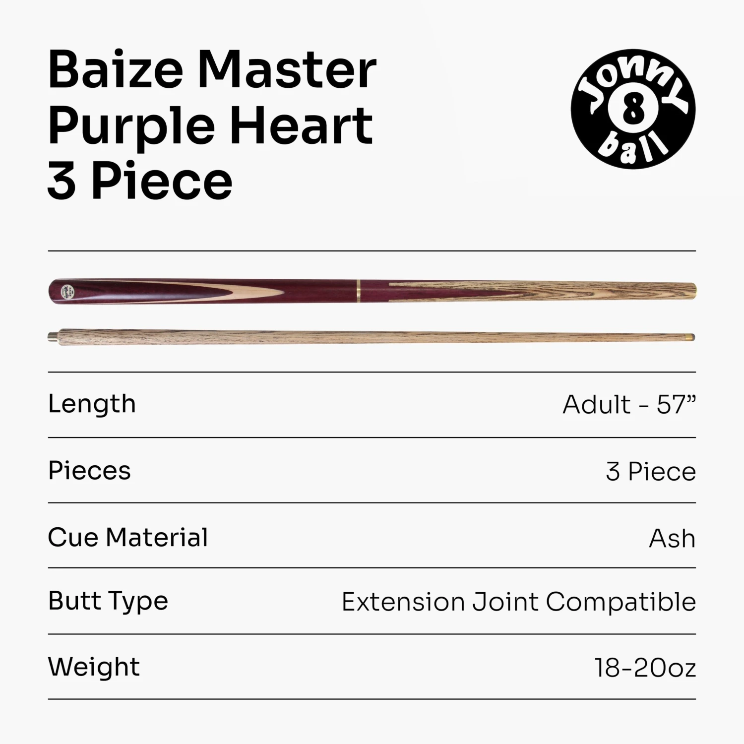 Baize Master Baize Master PURPLE HEART 57 Inch 3 Piece Length Adjustable Double Joint Ash Snooker Pool Cue With 9.5mm Tip + Mini Butt - Shorten To 43 Inches 9 Baize Master Baize Master PURPLE HEART 57 Inch 3 Piece Length Adjustable Double Joint Ash Snooker Pool Cue With 9.5mm Tip + Mini Butt - Shorten To 43 Inches - Image 7