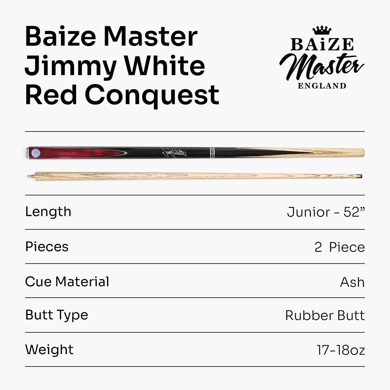 Baize Master Baize Master JIMMY WHITE Signature CONQUEST 52 Inch 2 Piece Kids Snooker Pool Cue 9.5mm Tip 16 Baize Master Baize Master JIMMY WHITE Signature CONQUEST 52 Inch 2 Piece Kids Snooker Pool Cue 9.5mm Tip - Image 14