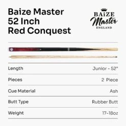 Baize Master Baize Master CONQUEST 52 Inch 2 Piece Junior Snooker Pool Cue With 9.5mm Tip -Slok Billiards Equipment Store Red8unb