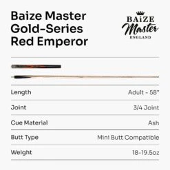 Baize Master Baize Master Gold Series 58 Inch EMPEROR ¾ Jointed Snooker Pool Cue With 9.5mm Tip And 6 Inch Mini Butt -Slok Billiards Equipment Store Red EMP 7