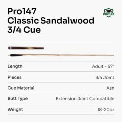 PRO147 PRO147 CLASSIC SANDALWOOD 3/4 Premium Snooker Pool Cue 9.5mm Tip + 6 Inch Wooden Mini Butt -Slok Billiards Equipment Store Sandal 7