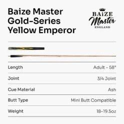 Baize Master Baize Master Gold Series 58 Inch EMPEROR ¾ Jointed Snooker Pool Cue With 9.5mm Tip And 6 Inch Mini Butt -Slok Billiards Equipment Store Yellow EMP 7